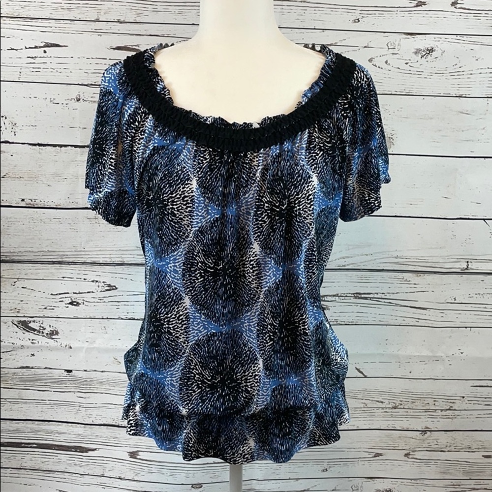 East5th-Cap sleeve stretchy top, blue/black, M